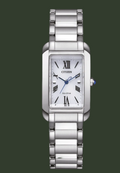Silver Citizen watch with a white face on a white background