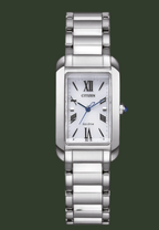 Silver Citizen watch with a white face on a white background