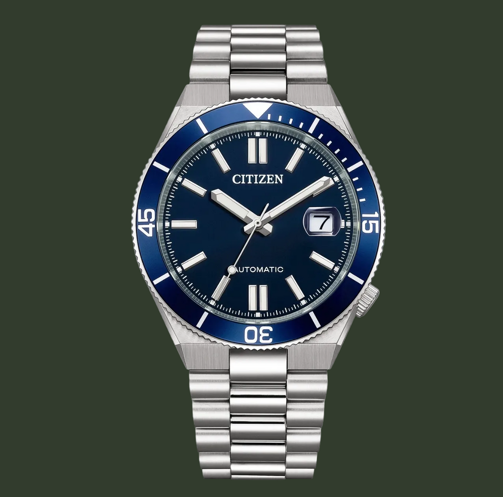 Citizen watch with blue dial and silver bracelet on a white background