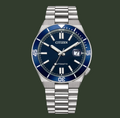 Citizen watch with blue dial and silver bracelet on a white background