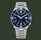 Citizen watch with blue dial and silver bracelet on a white background