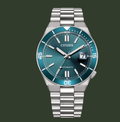 Citizen watch with blue dial and silver bracelet on a white background