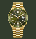 Gold watch with green face on a white background