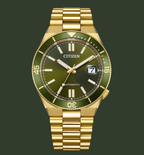 Gold watch with green face on a white background