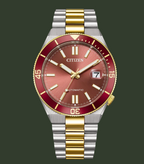 Citizen watch with a red face and two-tone metal band on a white background