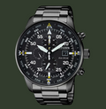 Citizen Eco-Drive wrist watch with a black stainless steel case and integrated link bracelet, featuring a black dial with white and yellow markings, three subdials, and a date window.