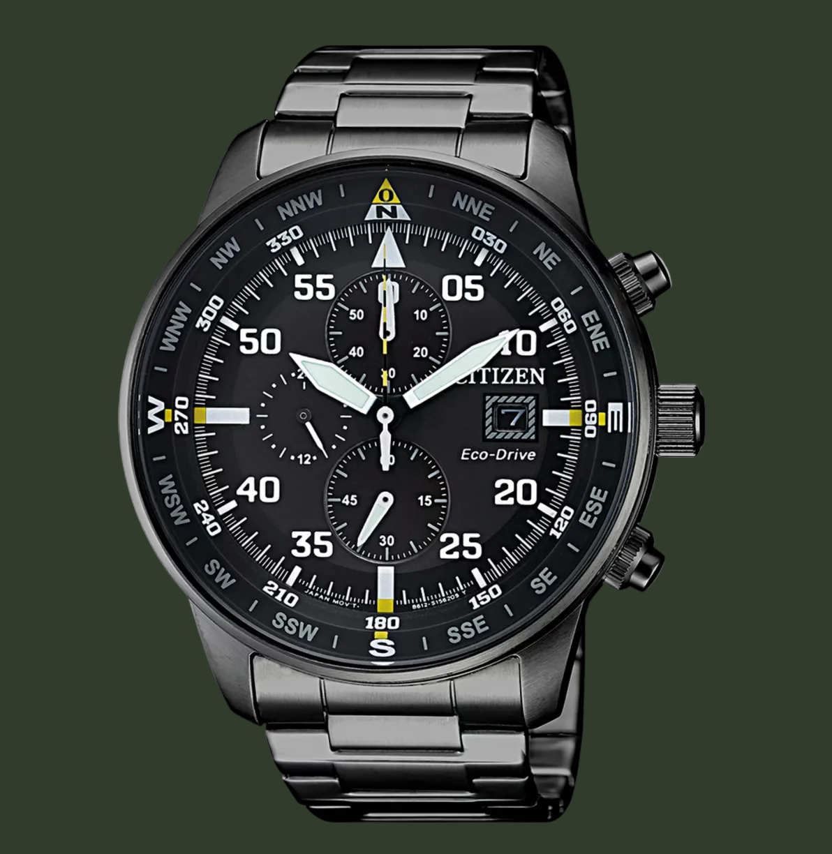 Citizen Eco-Drive wrist watch with a black stainless steel case and integrated link bracelet, featuring a black dial with white and yellow markings, three subdials, and a date window.