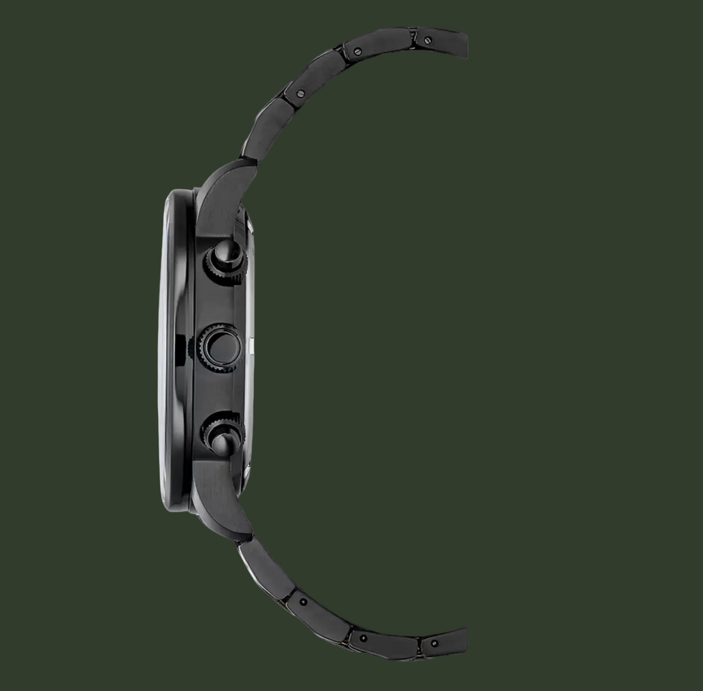 A side profile view of a black smartwatch with a matching black segmented metal band, shown on a clean white background.