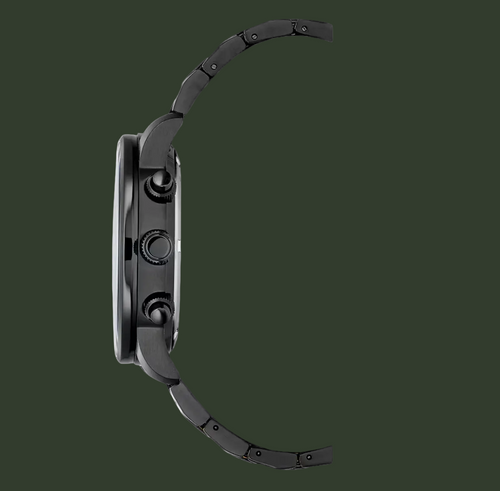 A side profile view of a black smartwatch with a matching black segmented metal band, shown on a clean white background.