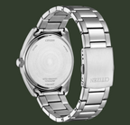 Citizen stainless steel watch shown from the back, featuring a brushed metal case and a matching link bracelet on a clean white background.