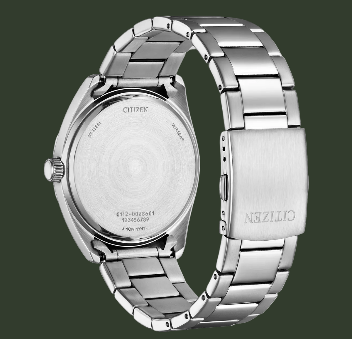 Citizen stainless steel watch shown from the back, featuring a brushed metal case and a matching link bracelet on a clean white background.