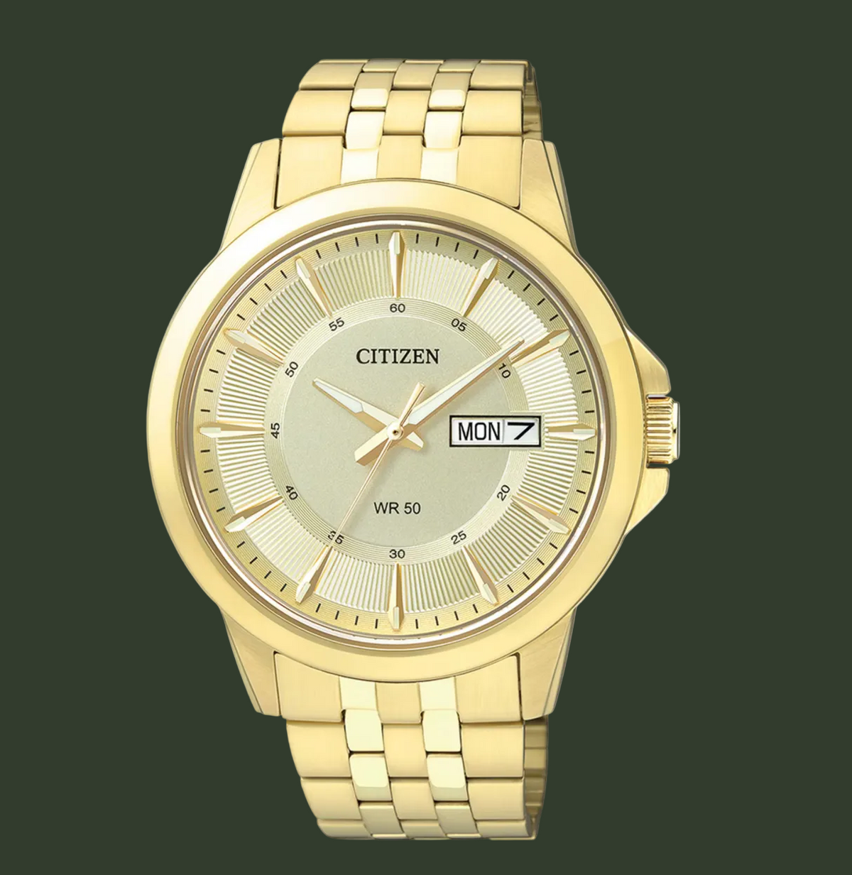Citizen gold-tone stainless steel watch with a gold dial, matching gold-tone link bracelet, and a day-date window at 3 o'clock.