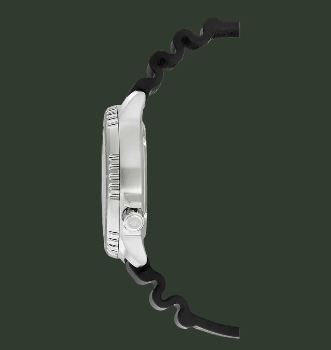 A close-up side view of a watch with a silver-toned metal case and a black wavy silicone strap, shown on a plain white background.
