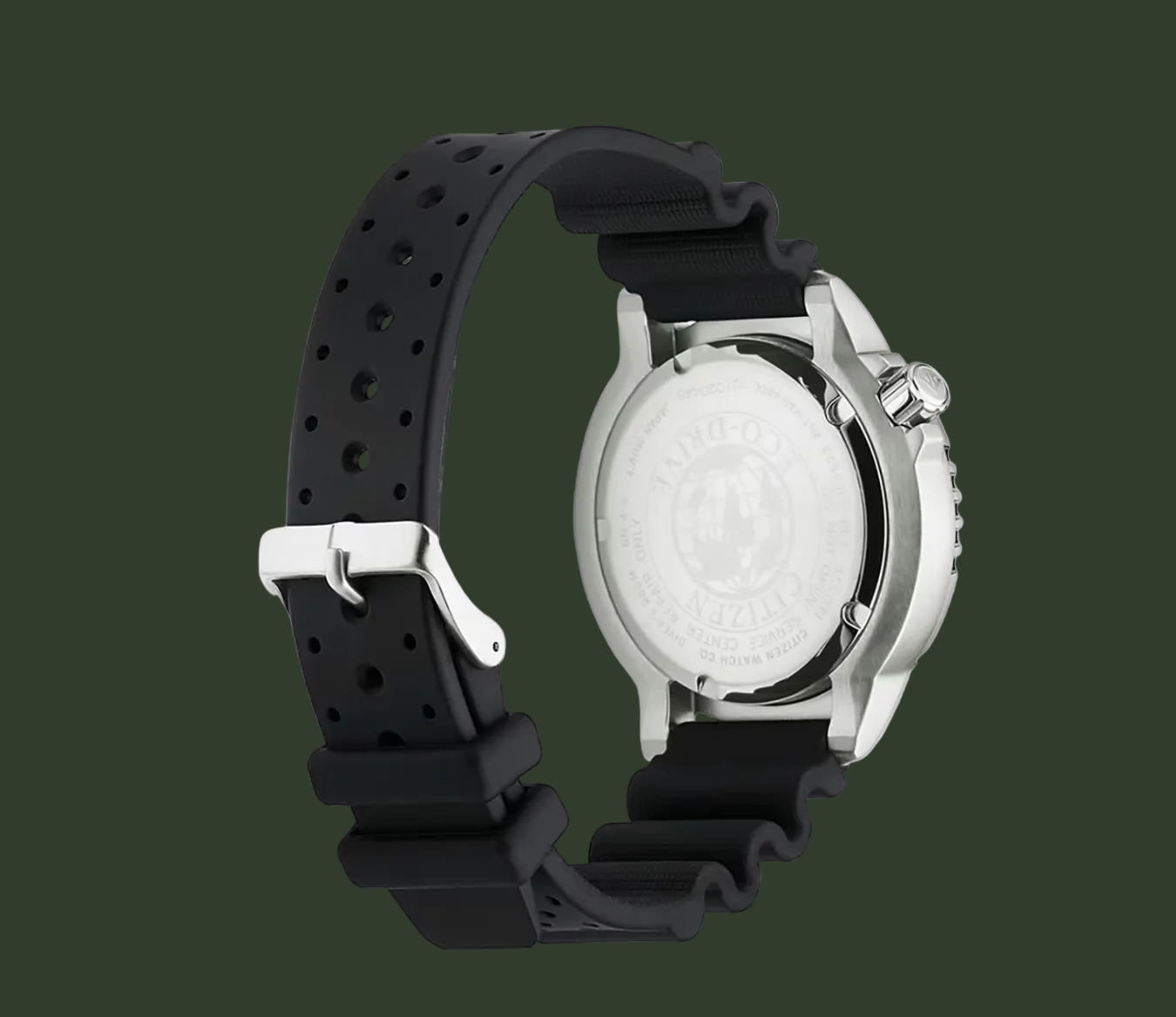A silver-tone stainless steel watch with a black perforated silicone strap, shown from the back on a clean white background.