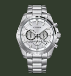 Citizen stainless steel chronograph watch with a silver-tone metal case and integrated link bracelet, featuring a white dial with black subdials and markers.