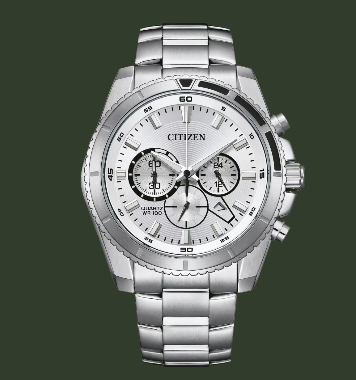 Citizen stainless steel chronograph watch with a silver-tone metal case and integrated link bracelet, featuring a white dial with black subdials and markers.