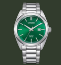 Citizen Quartz wrist watch with a green dial and a silver stainless steel case and link bracelet, shown on a light gray background.