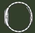 A close-up top-down view of a silver metal smartwatch band with a matching silver watch case, featuring a textured crown button and a spring-ring closure, set against a plain white background.