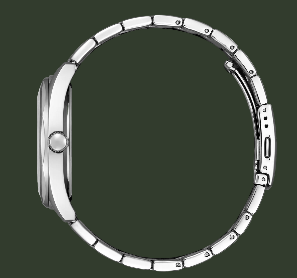 A close-up top-down view of a silver metal smartwatch band with a matching silver watch case, featuring a textured crown button and a spring-ring closure, set against a plain white background.