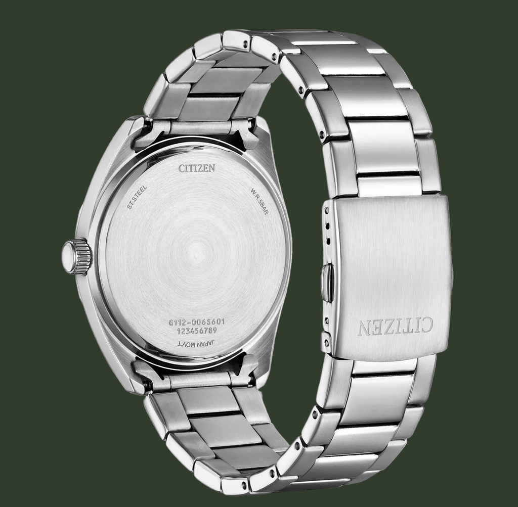 A silver stainless steel Citizen watch shown from the back, featuring a brushed metal case and a matching metal link bracelet with a rectangular clasp engraved with the Citizen logo.