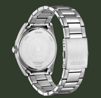 A silver stainless steel Citizen watch shown from the back, featuring a brushed metal case and a matching metal link bracelet with a rectangular clasp engraved with the Citizen logo.