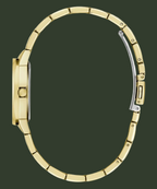 A close-up side view of a gold-tone watch bracelet with a matching round case, showing the clasp mechanism and side crown on a plain white background.