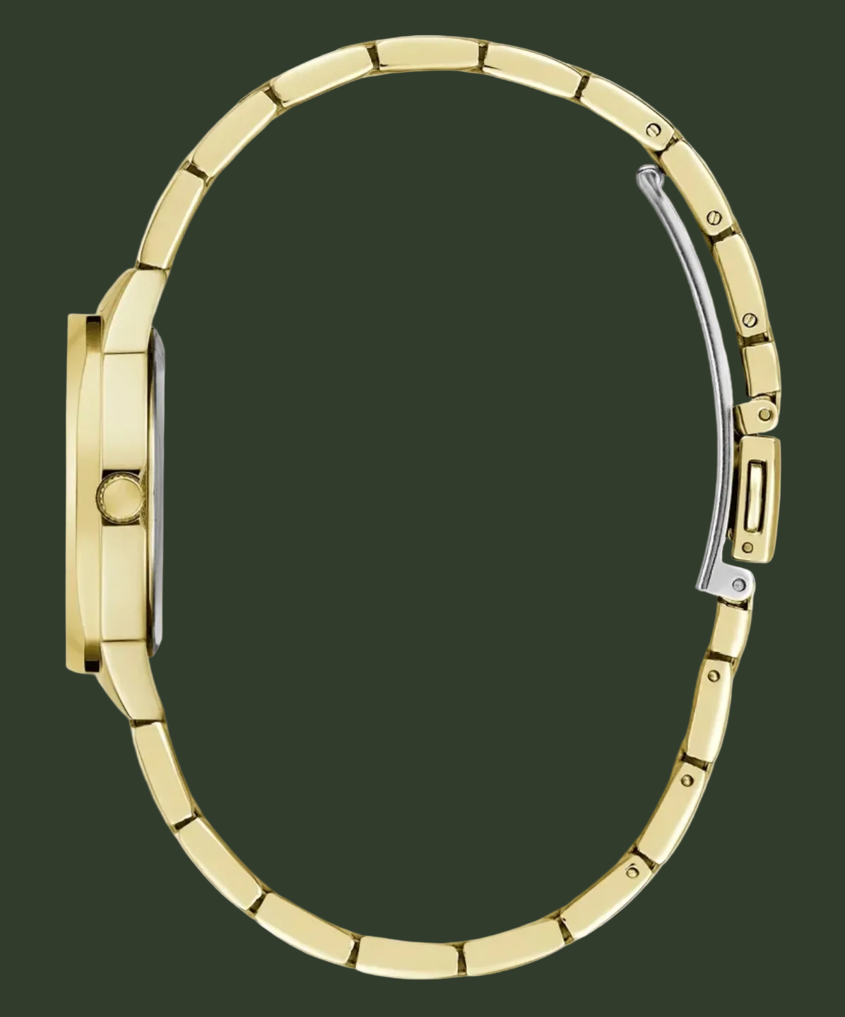 A close-up side view of a gold-tone watch bracelet with a matching round case, showing the clasp mechanism and side crown on a plain white background.