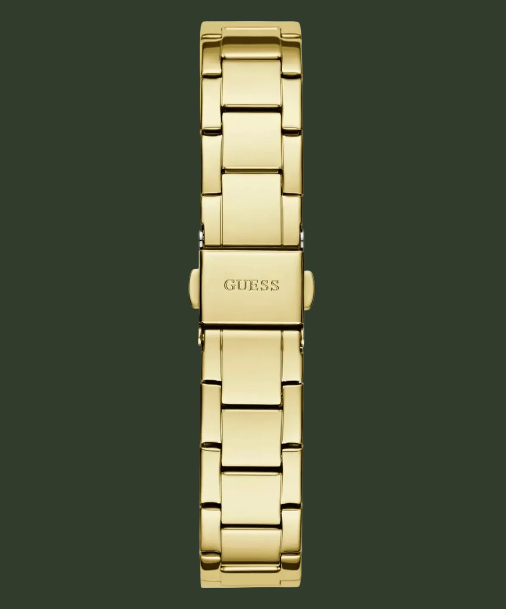 Gold-tone stainless steel watch band with a polished finish and the GUESS logo engraved on the clasp, shown against a plain white background.