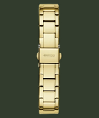 Gold-tone stainless steel watch band with a polished finish and the GUESS logo engraved on the clasp, shown against a plain white background.