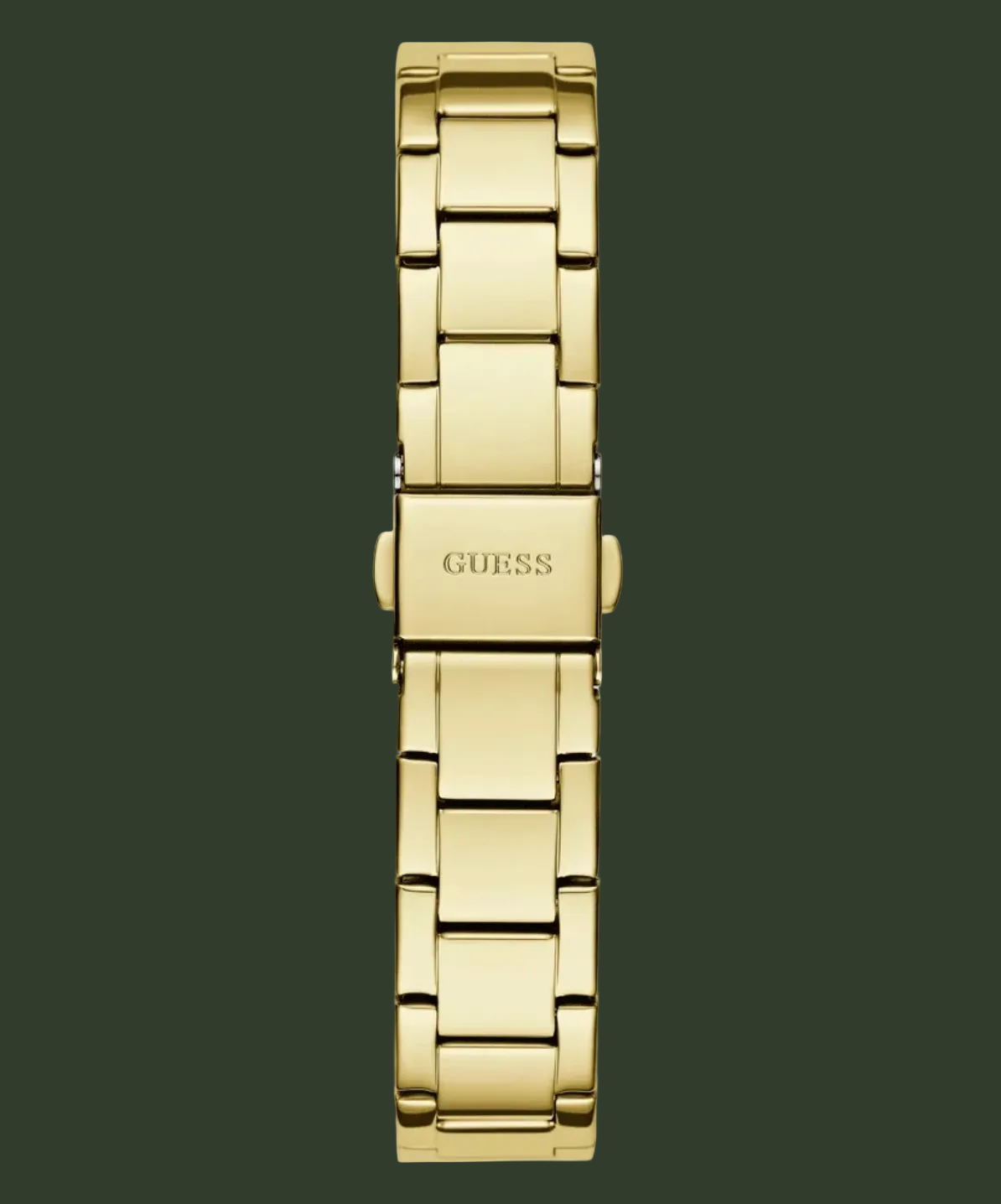 Gold-tone stainless steel watch band with a polished finish and the GUESS logo engraved on the clasp, shown against a plain white background.