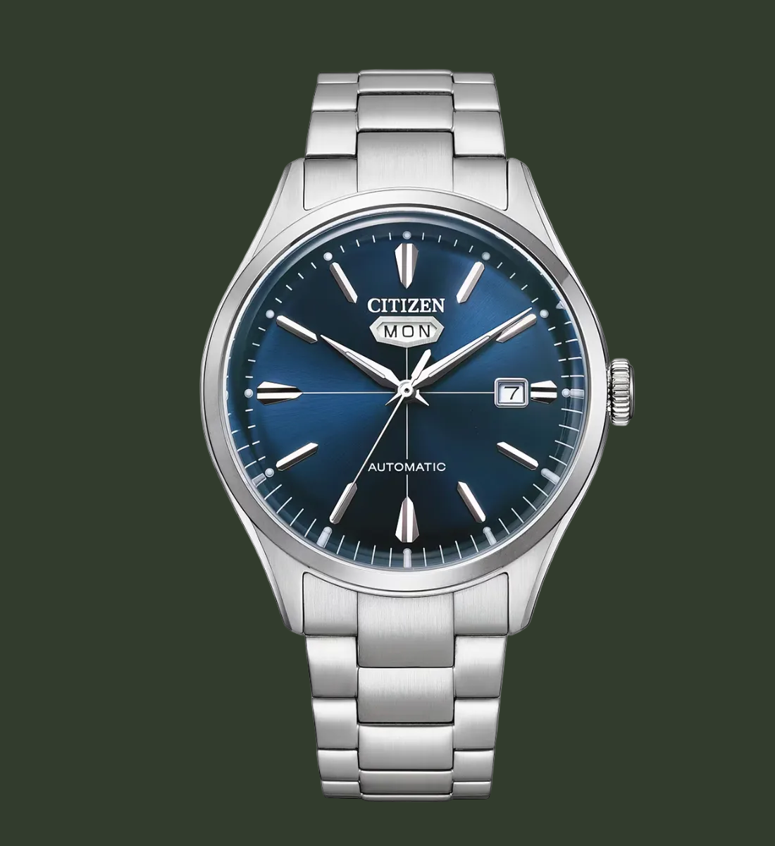Citizen Automatic watch with a stainless steel link bracelet, featuring a blue sunburst dial, silver-tone indices, and a day-and-date window.  
