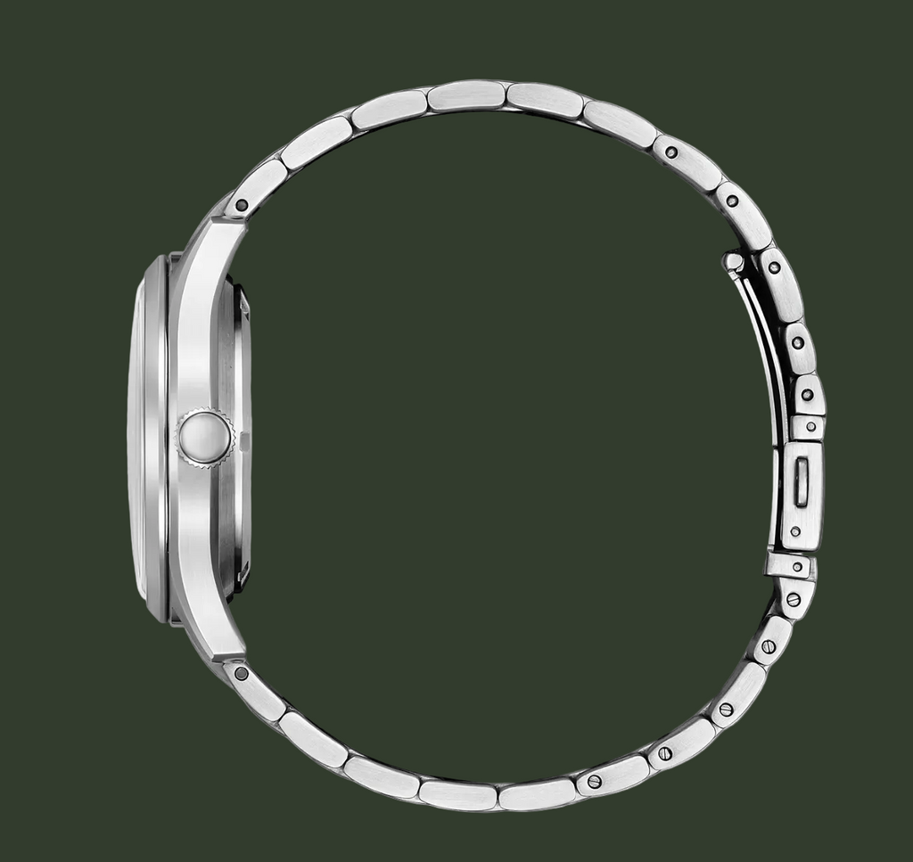 A close-up side view of a silver stainless steel smartwatch with a matching metal link band, set against a plain white background.