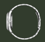 A close-up side view of a silver stainless steel smartwatch with a matching metal link band, set against a plain white background.