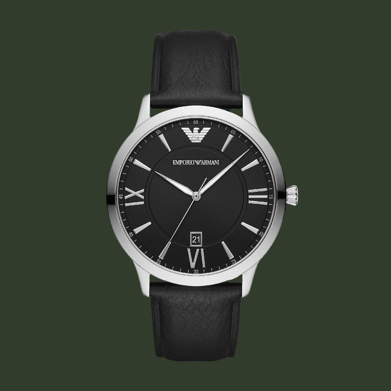 Black watch with silver bezel and black leather strap on a light gray background