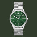 Green watch with silver mesh strap on a white background
