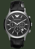Emporio Armani watch with black leather strap and black dial on a white background