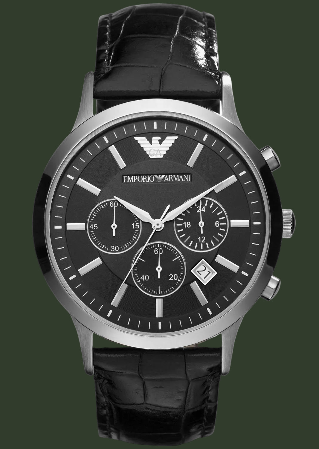 Emporio Armani watch with black leather strap and black dial on a white background