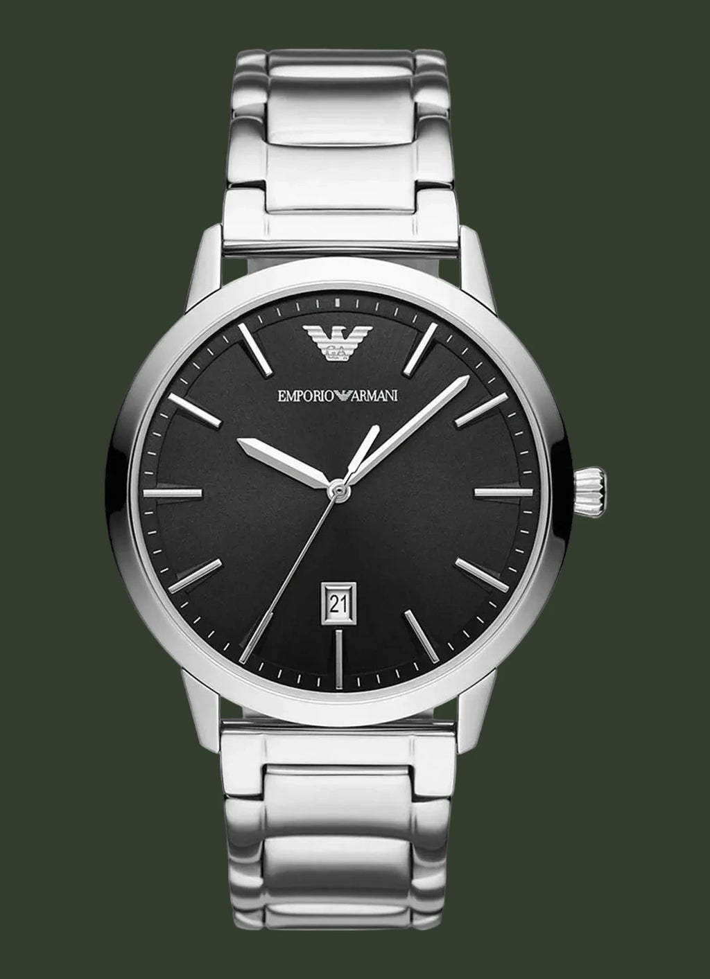 Silver Emporio Armani watch with black dial on a white background