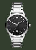 Silver Emporio Armani watch with black dial on a white background