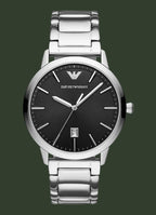Silver Emporio Armani watch with black dial on a white background