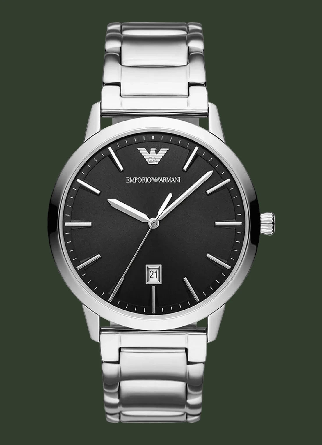 Silver Emporio Armani watch with black dial on a white background