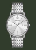 A silver stainless steel wrist watch with a matching link bracelet, featuring a silver dial with Roman numeral hour markers, a date window at 3 o'clock, and the Emporio Armani logo.