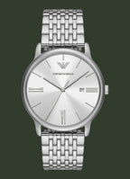 A silver stainless steel wrist watch with a matching link bracelet, featuring a silver dial with Roman numeral hour markers, a date window at 3 o'clock, and the Emporio Armani logo.