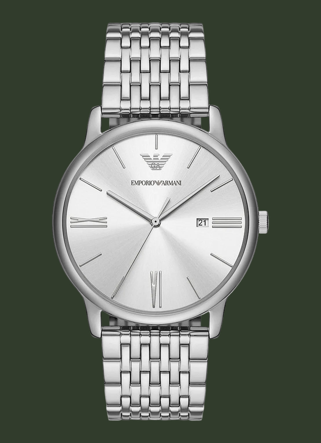 A silver stainless steel wrist watch with a matching link bracelet, featuring a silver dial with Roman numeral hour markers, a date window at 3 o'clock, and the Emporio Armani logo.