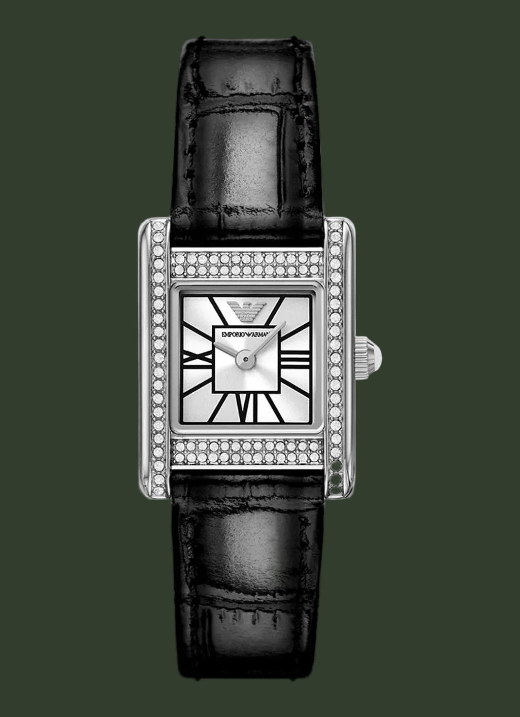 Black watch with silver bezel and Emporio Armani logo on a white background