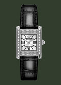 Black watch with silver bezel and Emporio Armani logo on a white background