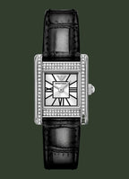 Black watch with silver bezel and Emporio Armani logo on a white background