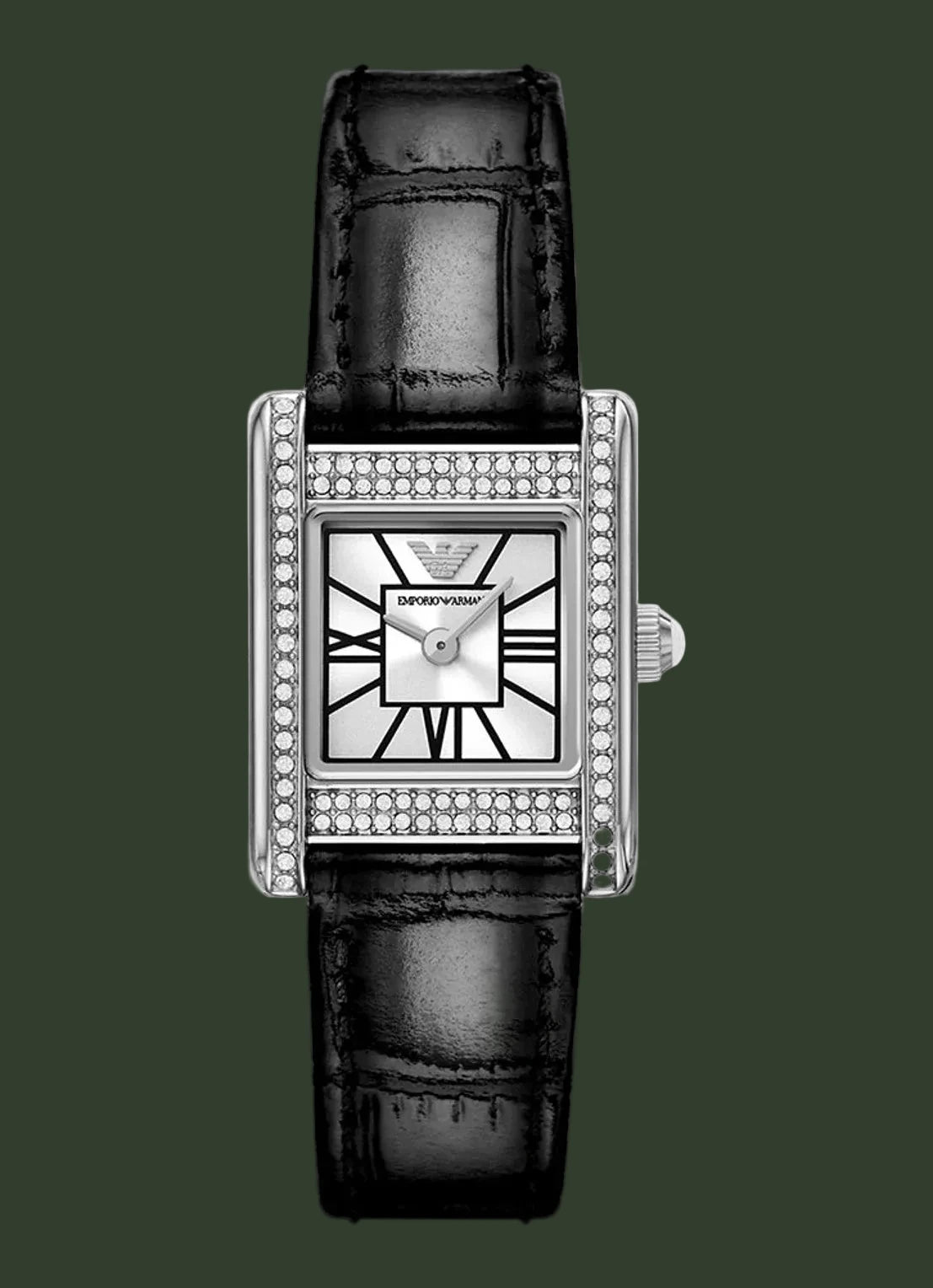 Black watch with silver bezel and Emporio Armani logo on a white background