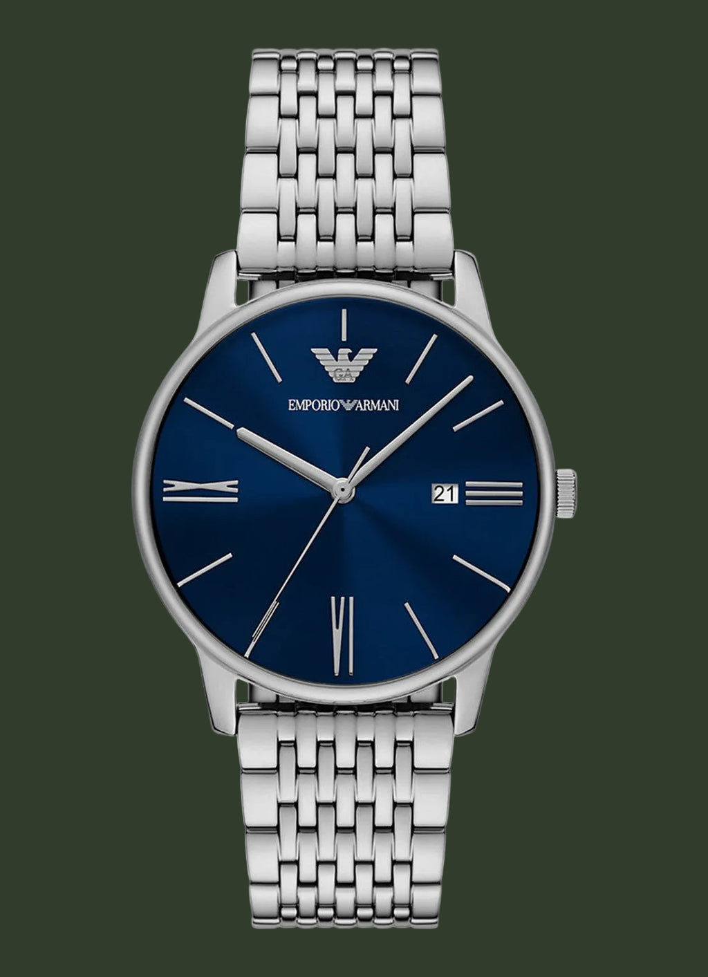 Silver Emporio Armani watch with blue dial on a white background