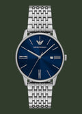 Silver Emporio Armani watch with blue dial on a white background